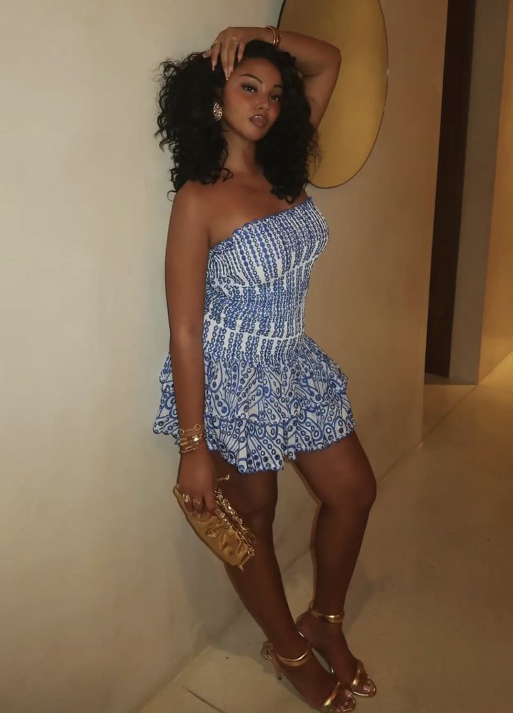 Pretty Blue Printed Tube Top Mini Birthday Skirt Homecoming Dress cc3932