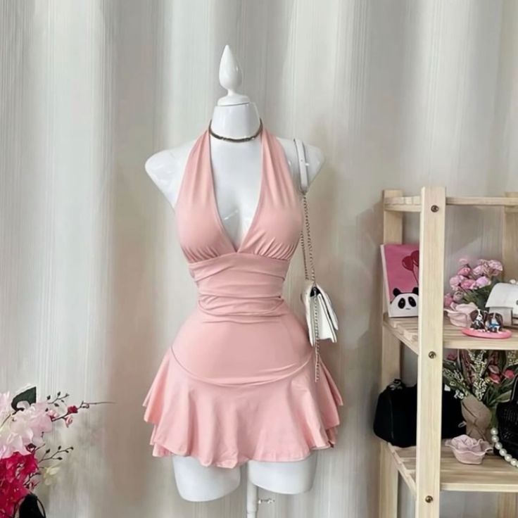 Simple Halter Neck Low Cut Sleeveless Waist Mini Birthday Skirt Homecoming Dress cc3937