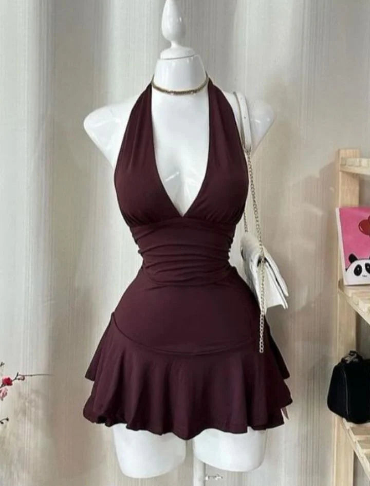 Simple Halter Neck Low Cut Sleeveless Waist Mini Birthday Skirt Homecoming Dress cc3937