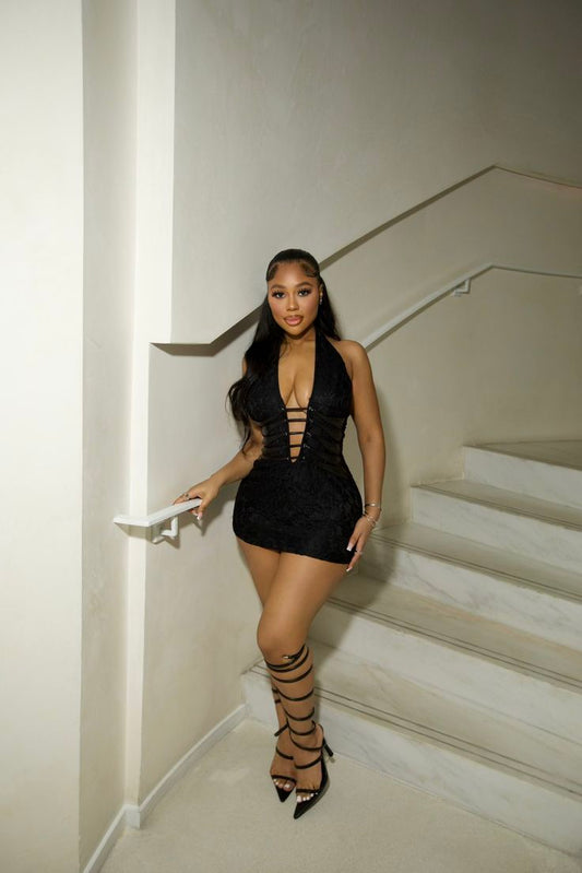 Sexy Black Jacquard Tie Halter Neck Slim Fit Birthday Short Skirt Homecoming Dress cc3938