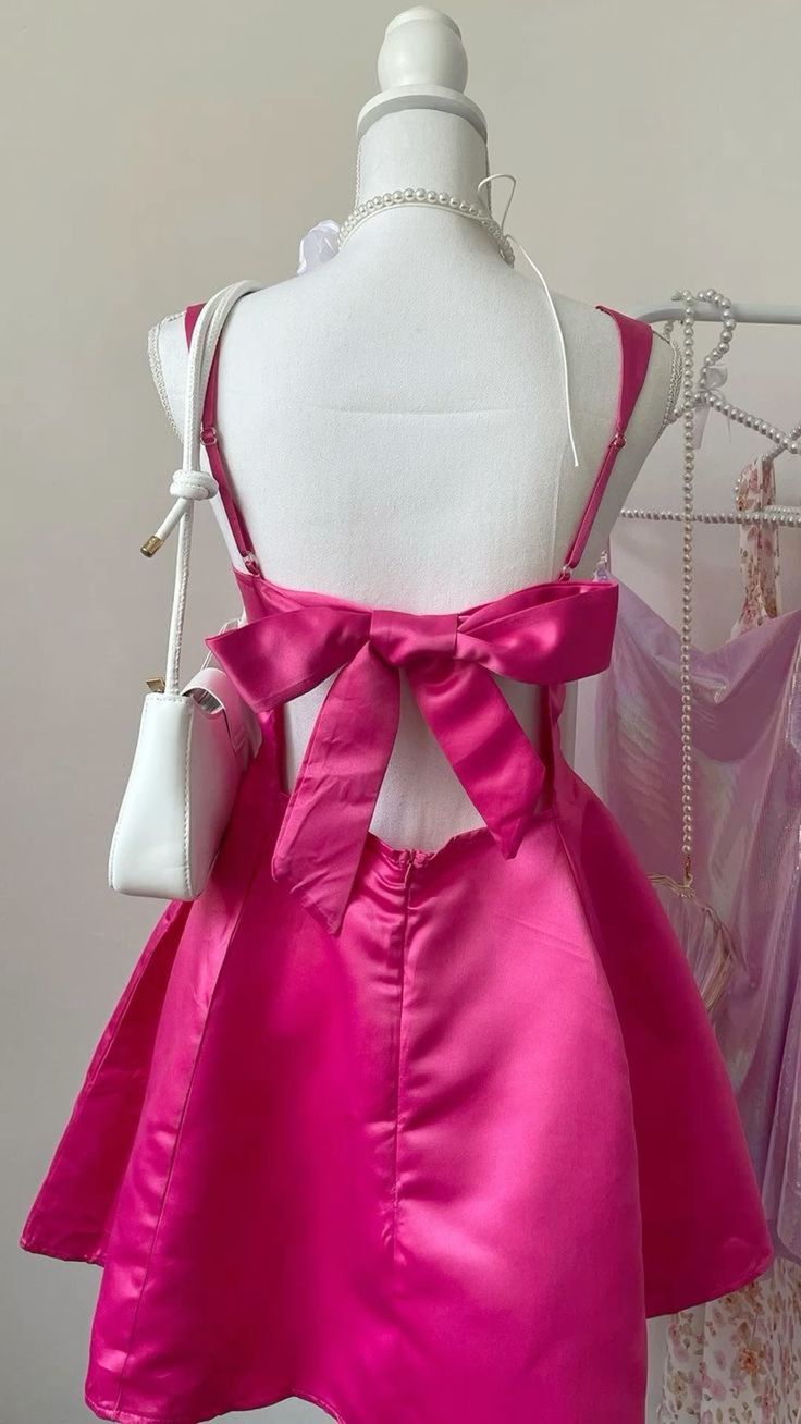 Cute Satin Straps Pink Waist Bow 17th Birthday Homecoming Dress cc3941