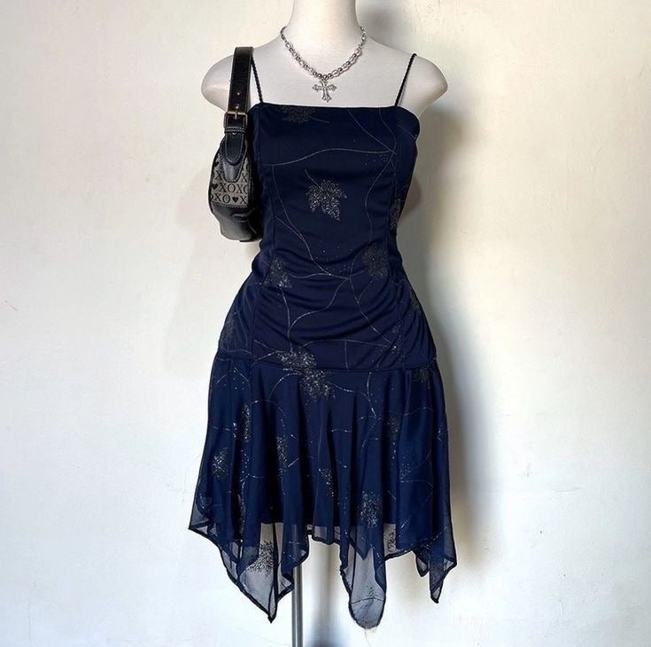 Elegant Navy Blue Suspender Chiffon Irregular Birthday Short Skirt Homecoming Dress cc3945