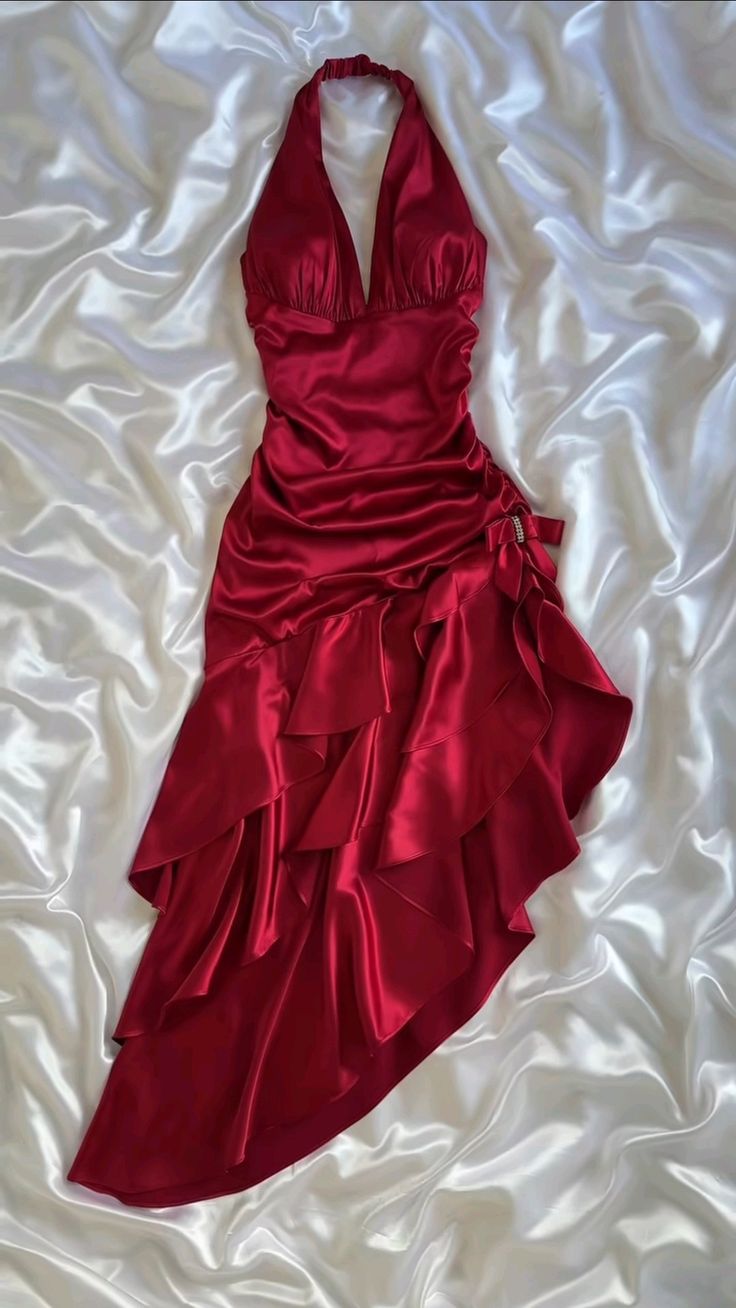 Stunning Red Satin Halter Neck Irregular Birthday Dress Homecoming Dress cc3949