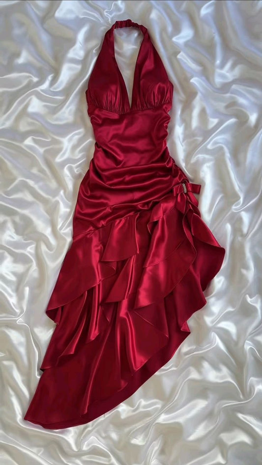 Stunning Red Satin Halter Neck Irregular Birthday Dress Homecoming Dress cc3949