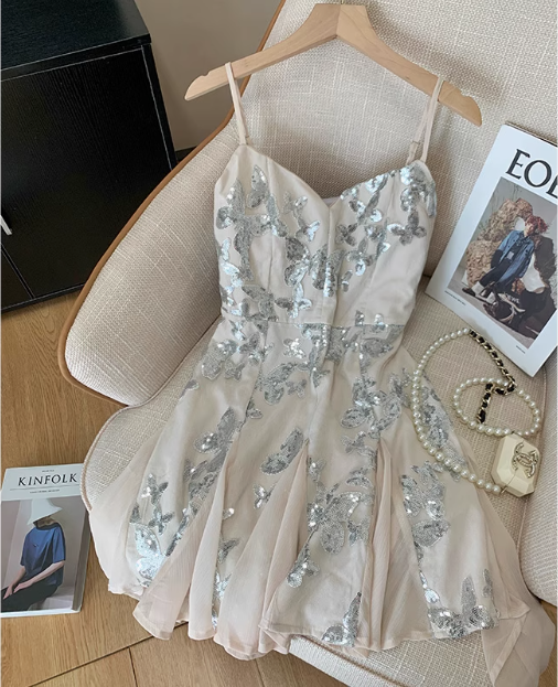 Sweet Butterfly Sequined V-Neck Suspender 17th Birthday Homecoming Dress cc3954