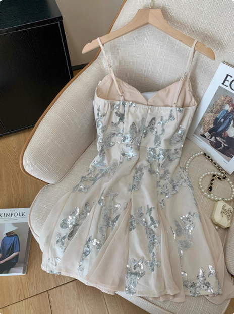 Sweet Butterfly Sequined V-Neck Suspender 17th Birthday Homecoming Dress cc3954