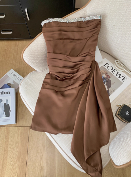 Elegant Brown Strapless Ribbon Diamond Birthday Short Skirt Homecoming Dress cc3959