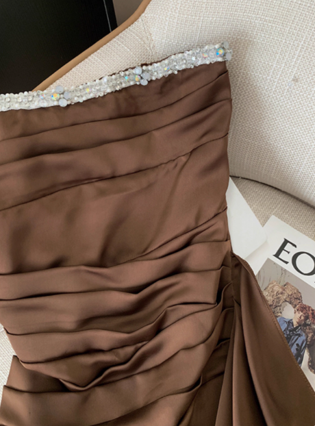 Elegant Brown Strapless Ribbon Diamond Birthday Short Skirt Homecoming Dress cc3959