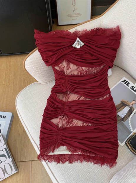 Sexy Red One Shoulder Lace Hip Birthday Dress Homecoming Dress cc3960