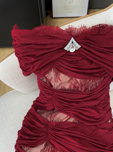 Sexy Red One Shoulder Lace Hip Birthday Dress Homecoming Dress cc3960