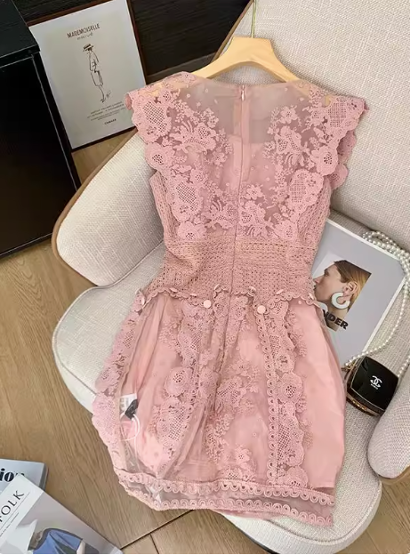 Sweet Pink Sleeveless Lace Waist 17th Birthday Homecoming Dress cc3964