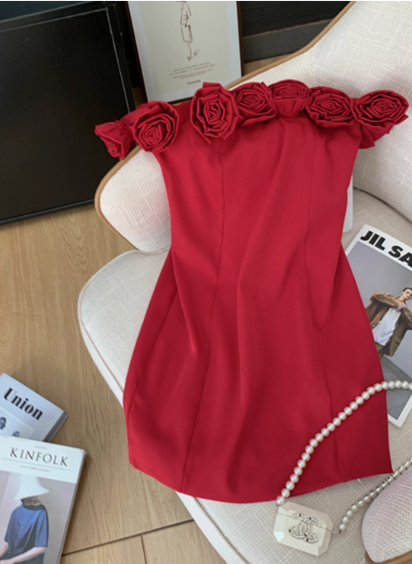 Stunning Red Rose One Shoulder Satin Hip Birthday Short Skirt Homecoming Dress cc3965