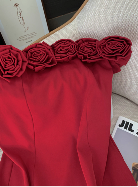 Stunning Red Rose One Shoulder Satin Hip Birthday Short Skirt Homecoming Dress cc3965