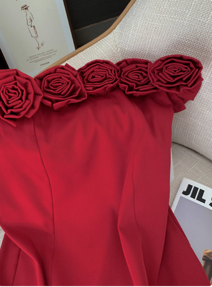 Stunning Red Rose One Shoulder Satin Hip Birthday Short Skirt Homecoming Dress cc3965