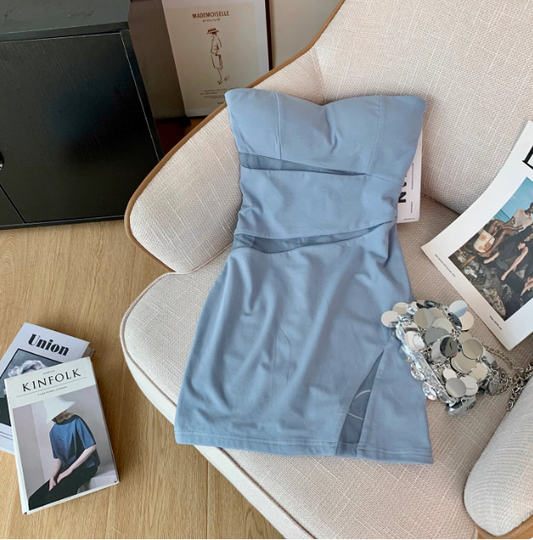 Simple Tube Top See-through Splicing Mesh Hip-wrapped Birthday Skirt Homecoming Dress cc3966