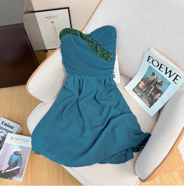 Elegant Strapless Peacock Blue Sequined Chiffon 17th Birthday Homecoming Dress cc3967