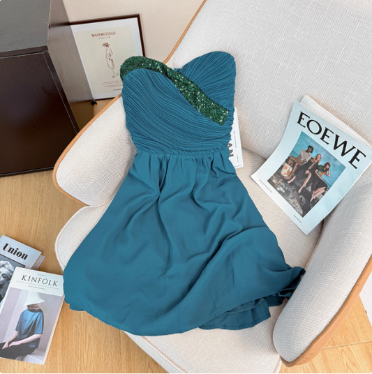 Elegant Strapless Peacock Blue Sequined Chiffon 17th Birthday Homecoming Dress cc3967