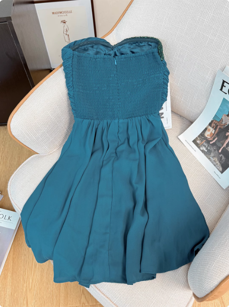 Elegant Strapless Peacock Blue Sequined Chiffon 17th Birthday Homecoming Dress cc3967