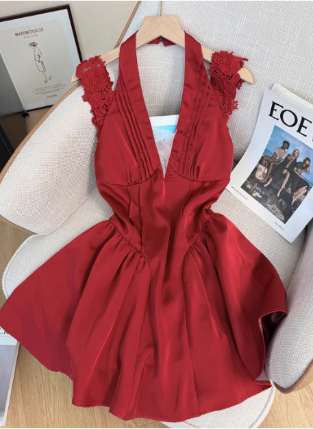 Beautiful Red Lace Halter Neck Backless A-line Birthday Short Skirt Homecoming Dress cc3969