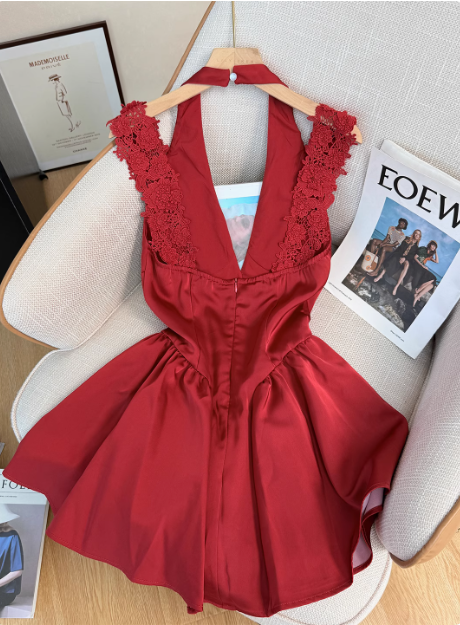 Beautiful Red Lace Halter Neck Backless A-line Birthday Short Skirt Homecoming Dress cc3969