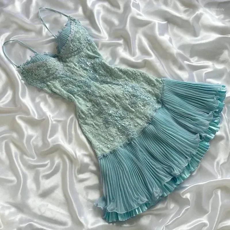 Stunning Blue Lace Pleated 17th Birthday Homecoming Dress cc3970