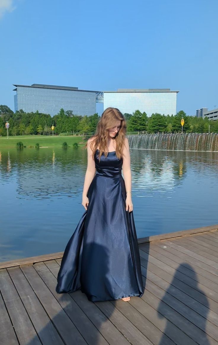 Elegant Navy Blue A-line Strapless Satin Long Prom Dress Evening Dress Bridesmaid Dress cc5114