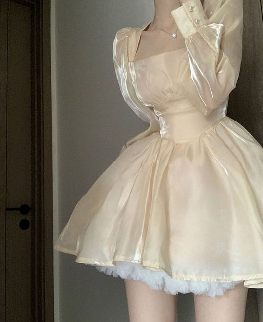 Cute Light Yellow Off-shoulder Long-sleeved Waisted A-line 17th Birthday Homecoming Dress cc3986