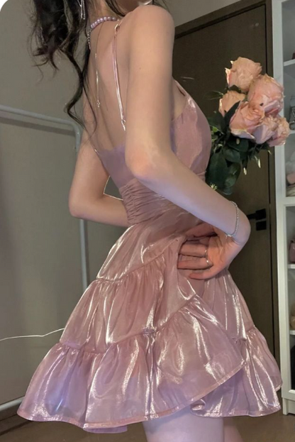 Sweet Pink Satin Strapless A-Line Birthday Dress Homecoming Dress cc3987