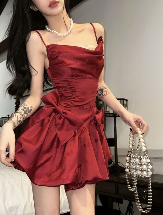 Beautiful Bow Burgundy Satin Suspender 17th Birthday Homecoming Dress cc3988