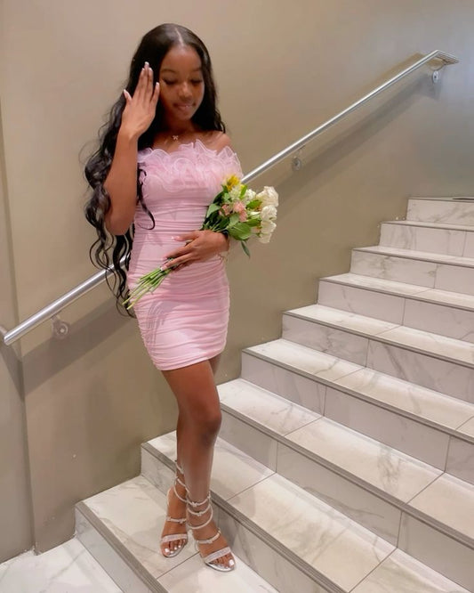 Sweet Pink Stretch Pleated Hip-hugging 19th Birthday Homecoming Dress cc3993