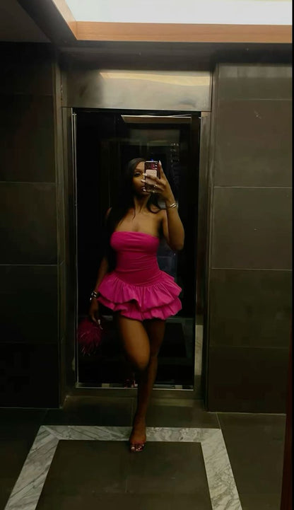 Sweet Hot Pink Tube Top Flower Bud Birthday Dress Homecoming Dress cc3994
