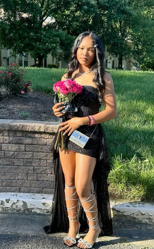 Classic Black Tube Top Sequined Short Front And Long Back Birthday Dress Homecoming Dress cc3995