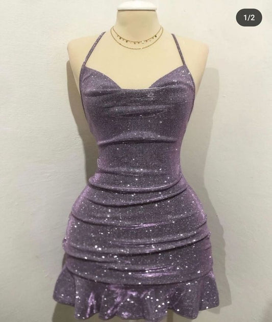 Charming Purple Halter Neck Shimmering Birthday Dress Homecoming Dress cc3998