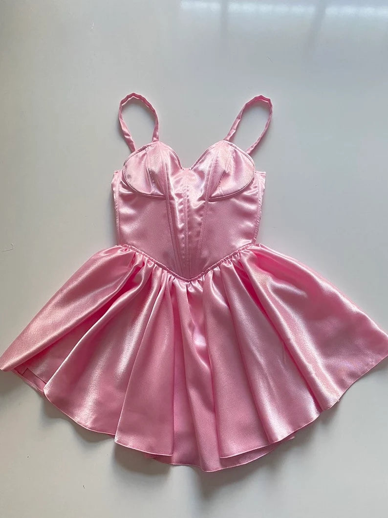 Sweet Pink Back Tie Bow Corset Satin A-line 16th Birthday Homecoming Dress cc4418