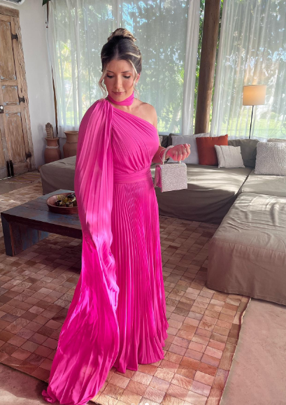 Elegant Bright Pink A-line Long Sleeve One Shoulder High Collar Chiffon Long Prom Dress Evening Dress cc4742