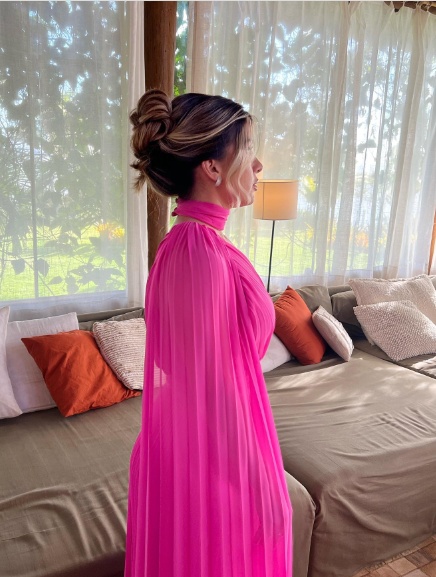 Elegant Bright Pink A-line Long Sleeve One Shoulder High Collar Chiffon Long Prom Dress Evening Dress cc4742