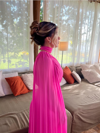 Elegant Bright Pink A-line Long Sleeve One Shoulder High Collar Chiffon Long Prom Dress Evening Dress cc4742