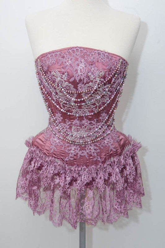 Vintage Rose Purple Strapless Pearl Embellished Lace Mini Birthday Party Homecoming Dress cc4422