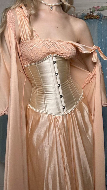 Vintage Court Orange Pink Lace Trimmed Satin Long Prom Dress Evening Dress cc5129