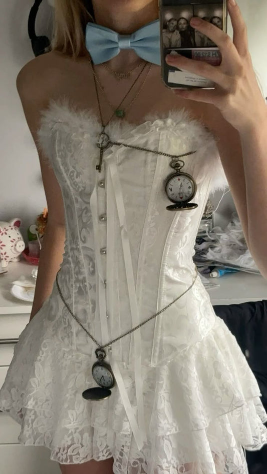 Sweet White Strapless Feather Embellished Lace Mini 16th Birthday Homecoming Dress cc4429