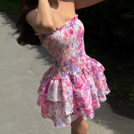 Beautiful Pink Print Floral A Line Birthday Outfits Strapless Homecoming Dress cc3191