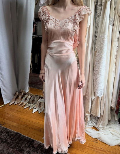 Vintage Pink A-line Lace Ruffled Shoulder Sleeve Satin Long Prom Dress Evening Dress cc5130