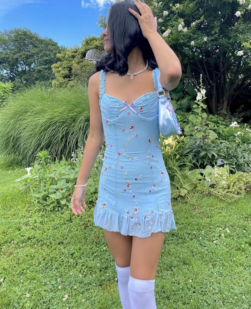 Sweet Light Blue Suspender Floral Slim Fit 16th Birthday Homecoming Dress cc4433