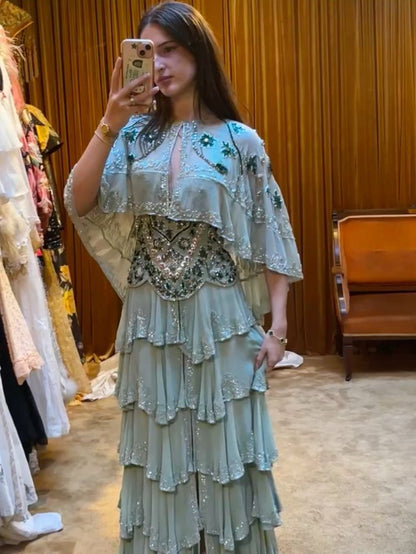 Vintage Mint Green A-line Beaded Embroidered Sequined Layered Chiffon Long Prom Dress Evening Dress cc5134