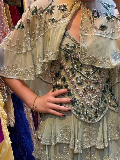 Vintage Mint Green A-line Beaded Embroidered Sequined Layered Chiffon Long Prom Dress Evening Dress cc5134