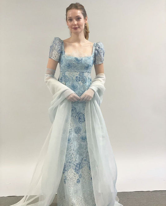French Princess Light Blue A-line Square Neck Puff Sleeve Embroidered Lace Long Prom Dress Evening Dress cc5135