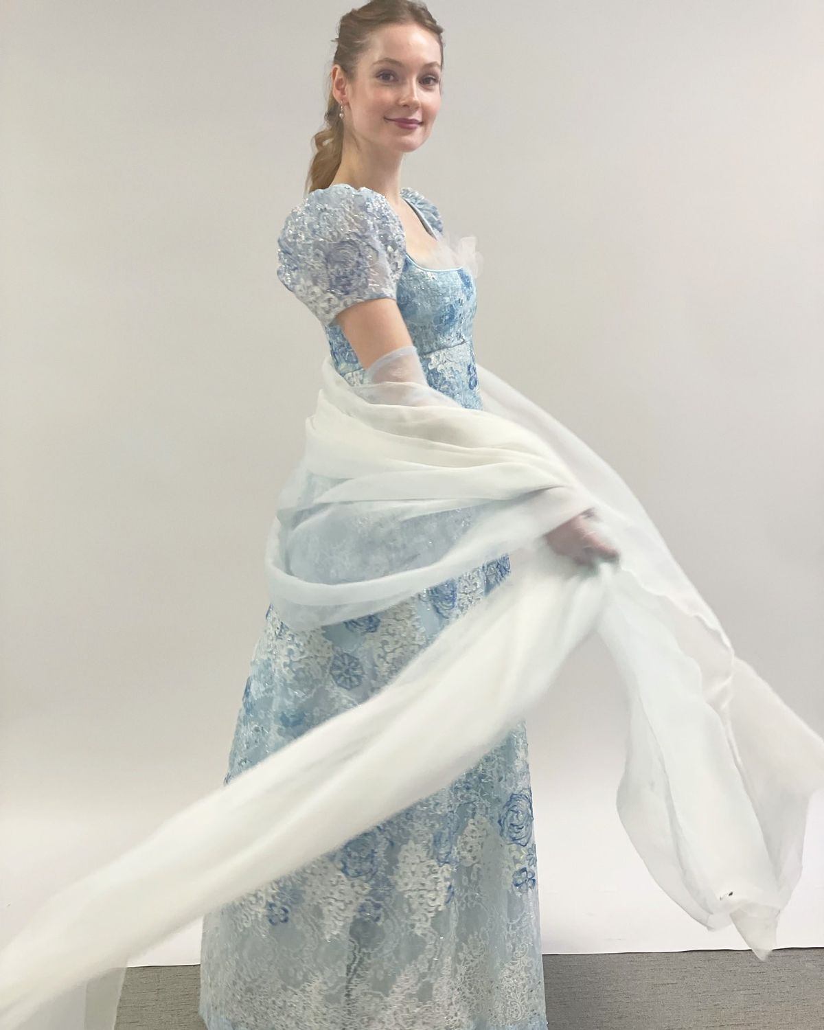 French Princess Light Blue A-line Square Neck Puff Sleeve Embroidered Lace Long Prom Dress Evening Dress cc5135