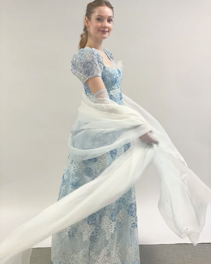 French Princess Light Blue A-line Square Neck Puff Sleeve Embroidered Lace Long Prom Dress Evening Dress cc5135