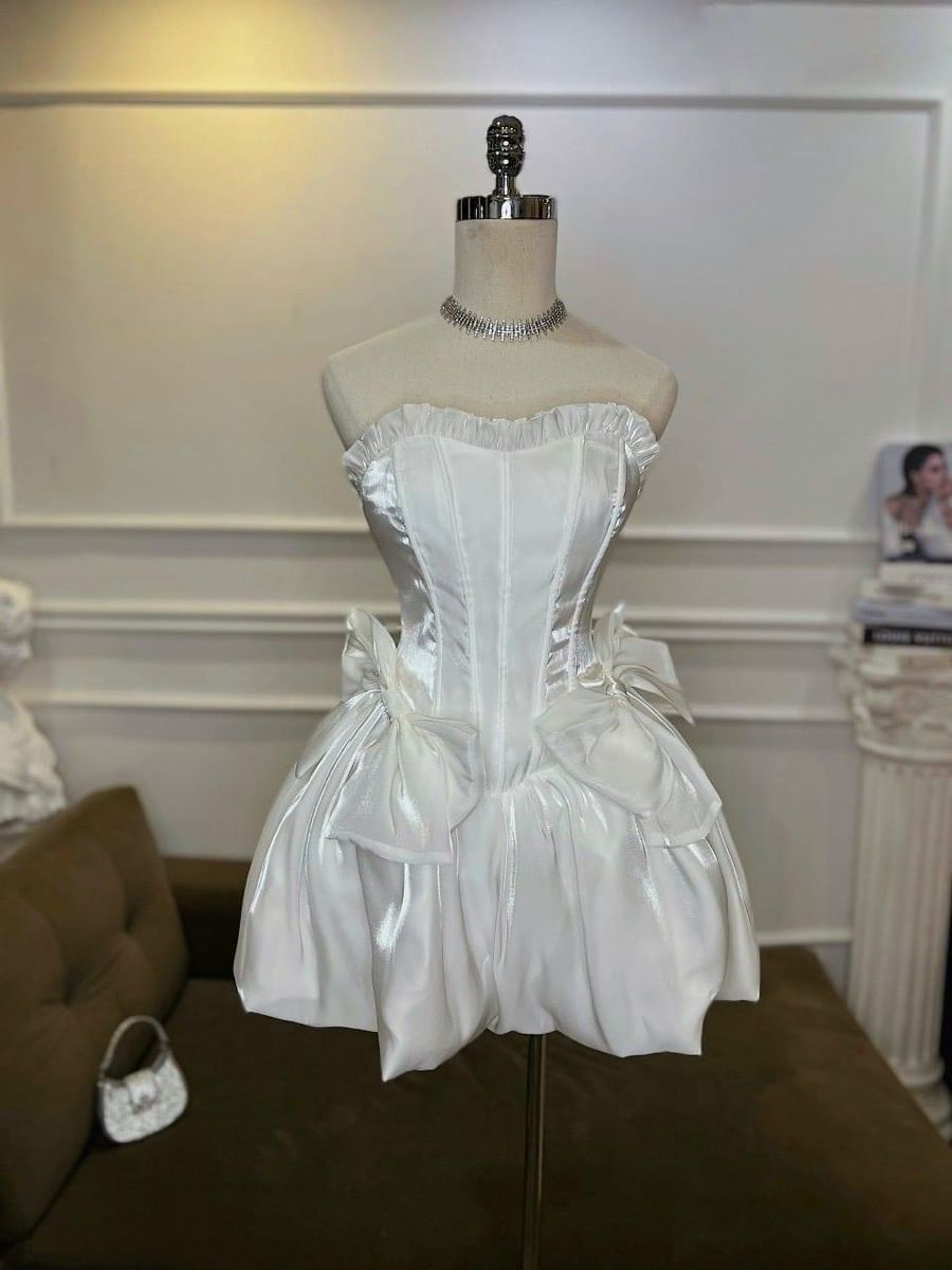 Sweet White Tube Top Collar Bow Bud Satin Birthday Party Homecoming Dress cc4436