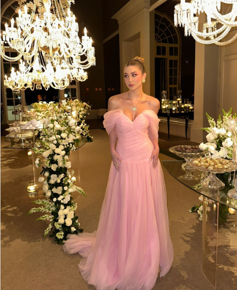 Elegant Pink A-line Trailing Off-shoulder Slit Tulle Long Prom Dress Evening Dress cc4744